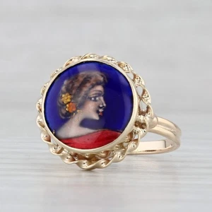 French Hand Painted Portrait of Lady Signet Ring 14k Gold Enamel Glass Size 6.5 - Picture 1 of 9