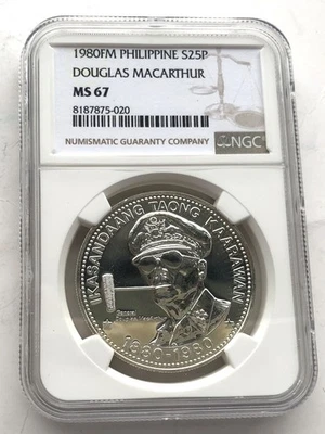 Philippines 1980 Douglas MacArthur 25 Pesos NGC MS67 Silver Coin,UNC - Image 1 of 2