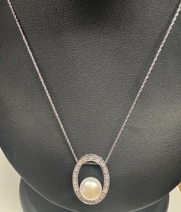 Collar de diamantes y perlas de 7,5 mm de oro blanco de 14K - Imagen 1 de 13