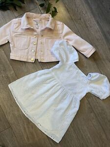 RIVER island mini baby girl pink denim jacket and broderie dress 12-18 mths