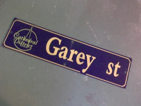 Vintage GAREY ST Cathedral District Street Sign 36" X 9" - GOLD on NAVY Ground Cover
