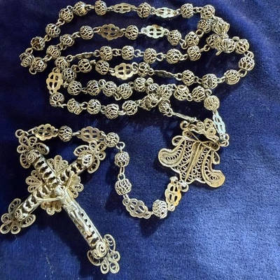 Antiguo Rosario y Crucifijo Filigrana Plata Español C1900 Foto 1 de 4