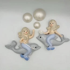 Meerjungfrau Delfin Kreidegeschirr Wandrelief Kitsch Kitschig MCM Retro Vintage Stil Set - Bild 1 von 3
