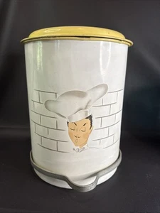 HTF Parmeco Chef Logo Tin MCM Waste Basket Hands Free Lid Opening Yellow White - Picture 1 of 14