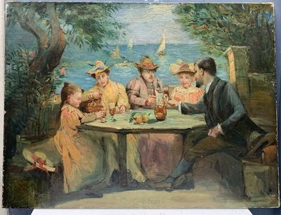 Tableau Ancien Huile Scène Repas Banquet Paysage Marine Bateau XIXe - Photo 1/4