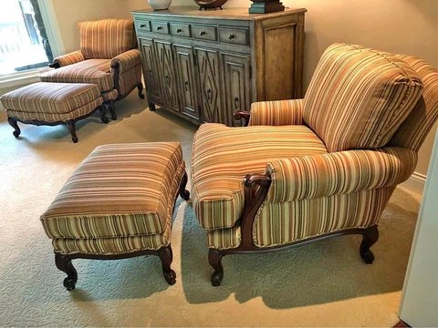 Thomasville Louis XV Bergere Upholstered Carved Chairs A Pair 2 Ottomans Striped Cover