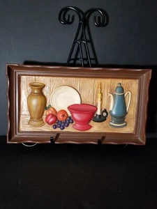 VTG  Chalkware WALL PLAQUE Teapot/Candle/Fruit/Plate/Bowl/Jar.  Warm colors.   - Picture 1 of 7