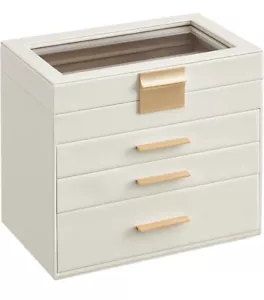 SONGMICS Jewelry Box w/ Glass Lid 4-Layer Organizer UJBC161W01 Cloud White New - Picture 1 of 8