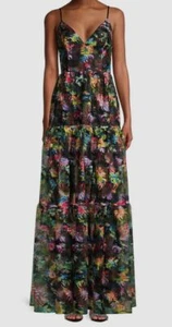 $351 Aidan By Aidan Mattox Women's Black V-Neck Tiered Lace Maxi Dress Size 0 - Picture 1 of 6