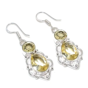 Lemon Quartz Gemstone Handmade 925 Sterling Silver Jewelry Earring Size 1.80" - Picture 1 of 1