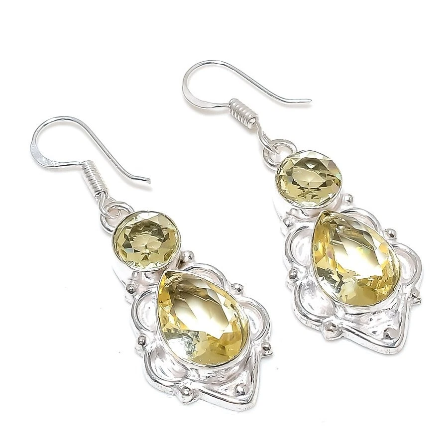 Lemon Quartz Gemstone Handmade 925 Sterling Silver Jewelry Earring Size 1.80" - Image 1 of 1