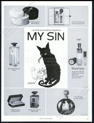 1964 gato preto gatinhos brancos arte Lanvin My Sin perfume em pó impressão vintage anúncio - Imagem 1 de 4