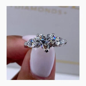 14k White Gold 3 Stone Engagement Ring Heart Lab Created Diamond 1.8 Ct E-F/VS1 - Picture 1 of 12