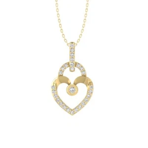 10K Yellow Gold Round Lab Grown Diamond Heart Pendant 18" Silver Cable Chain - Picture 1 of 7