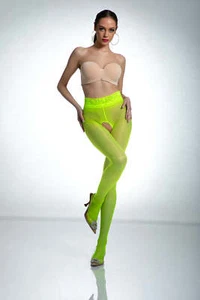 Amour Hip Lace Top Open Gusset 30DEN Tights Regular & Plus Size Fluo Yellow - Picture 1 of 6