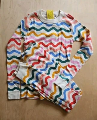 NWT HANNA ANDERSSON ECRU BOLD STRIPE SQUIGGLES ORGANIC LONG JOHN PAJAMAS 130 8 - Image 1 of 4