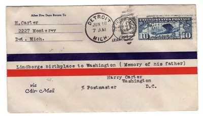 C10 Lindbergh 10c Airmail 1927 FDC Detroit MI Typed Cachet U/O Pittsburgh Revers - Image 1 of 2