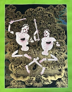 CITIPATI/ DANCING HAPPY COUPLE SKELETON ORIGINAL TIBETAN THANGKA PAINTING - Picture 1 of 11