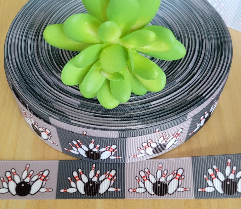 1 Inch (1 YD) Bowling Grosgrain Ribbon Bowling Pins and Ball Lanyard Hair Bow  - Image 1 of 1