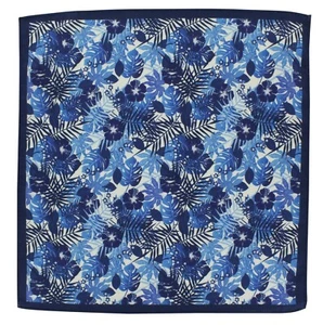 Blue Tropical Floral Silk & Cotton Pocket Square - Picture 1 of 2