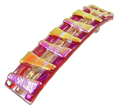 Dichroic Glass Barrette 3.5" 90mm Red Yellow Orange Pink Triangles Large Clip - Image 1 of 4