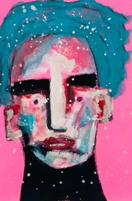 Outsider Art Mixed Media Man Portrait Painting Pink Naive Outsider Art Miz Katie - Image 1 of 4