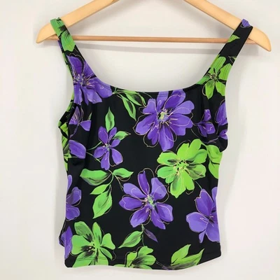 Longitude Womens Tankini Swim Top Size 8 Black Purple Floral Padded Tropical - Image 1 of 4