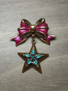 Vintage Weihnachten Schleife & Stern Brosche USA rosa Emaille goldfarben Feiertag Pin - Bild 1 von 5