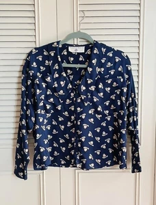 Vtg EILEEN WEST Blouse Top S Navy Blue Rayon Cowboy Hats USA 1980s Cowgirl - Picture 1 of 12