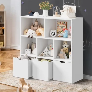 Oikiture Kids Bookcase Toy Organiser Cabinet With Removable Box Storage White - Picture 1 of 8