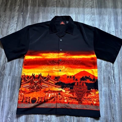 Camisa abotonada vintage Dragon Sunset negra naranja roja - grande para hombre (100 % poliéster) Foto 1 de 4