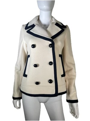 J. Jaqueta feminina Crew lã creme acabamento marinho casaco ervilha Nello Gori tecido italiano 2 - Imagem 1 de 4