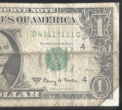 (NEAR SOLID!) $1 *SOILED* Binary Solid 7 In A Row Fancy Serial Number D41111111C - Image 1 of 3