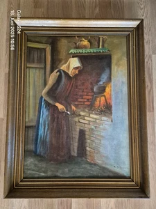 Altes Ölgemälde Ölbild Leinw. Alte Frau kocht sign. S. Schorn - Bild 1 von 6