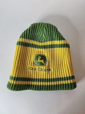 Vtg John Deere Knit Beanie Hat Green Yellow Striped Logo Tractor Farm Unisex - Image 1 of 4