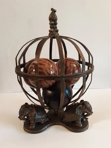 Vtg Cast And Brass Round Sphere Cage W/3 Cast Elephants And 4 Decorative Balls - Picture 1 of 16