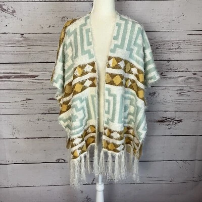 Poncho Boho Free People Chal Espalda Diamante Acogedor Kim Marfil Multicolor Flecos Foto 1 de 4