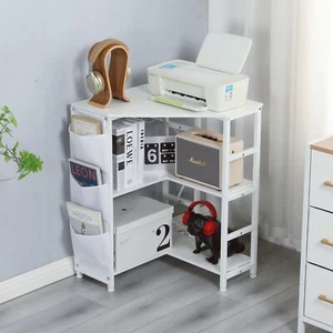 White Corner Printer Stand w/ Power Outlet Charging USB Port Side Storage Pocket - Picture 1 of 7