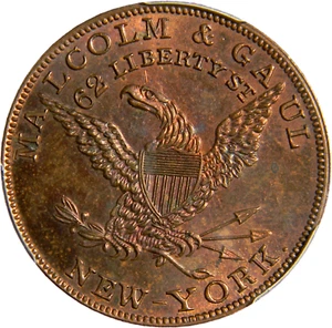 Nueva York NY (1850s) Malcolm & Gaul Token PCGS MS65RB (08-14) - Imagen 1 de 4