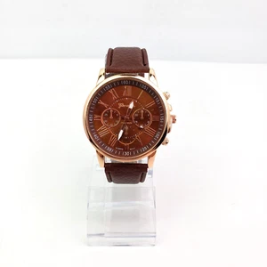 Costume moda senza marchio adulto quadrante oro rosa cinturino marrone orologio NECESSITA DI BATTERIA - Foto 1 di 6