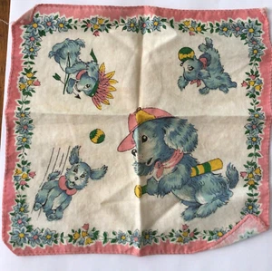 Vintage Gently Used Child's White Handkerchief with Dogs Playing 50s-60s - Picture 1 of 1