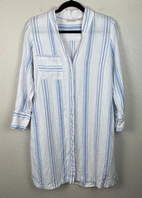 SOFT SURROUNDINGS Linen Button Up Shirt Dress Size PL White Blue Striped Coastal - Image 1 of 4
