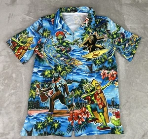 Hihi Global Men’s Small Button Down Hawaiian Shirt Aliens Caveman Surf Tropical - Picture 1 of 13