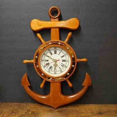 Reloj de Pared Vintage Grande Madera Ancla y Rueda Barco Tema Náutico Decoración del Hogar Foto 1 de 3