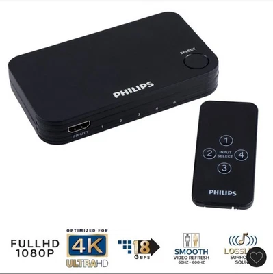 Philips 4 Port 2.2 HDMI Switch with Remote - Black: AV Switcher, HDMI Extender - Image 1 of 4