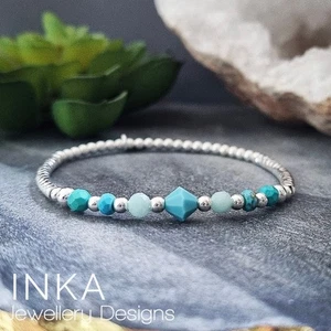 925 Sterling Silver bead Turquoise & Amazonite Stacking Bracelet by INKA - Picture 1 of 10