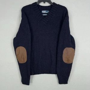 Polo Ralph Lauren Sweater Mens XL Blue Wool Alpaca Elbow Patch Academia Grandpa - Picture 1 of 14