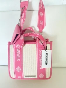 NWT STEVE MADDEN BWEBBER STRAW SATCHEL CROSSBODY BAG W WALLET KEYRING PINK - Picture 1 of 7