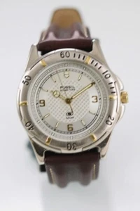 Fossil Blue Men Watch Silver Gold Stainless Steel Leather Brown 50m White Quartz - Picture 1 of 6