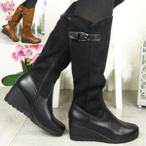 Mid Calf Wedge Boots Shoes Heel Buckle Platform High Zip Ladies Womens Boot Size - Picture 1 of 17
